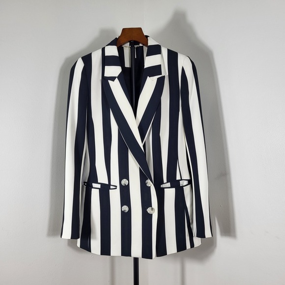 H&M Jackets & Blazers - H&M Womens Navy Blue White Striped Double Breasted Blazer Jacket Size 8 Long